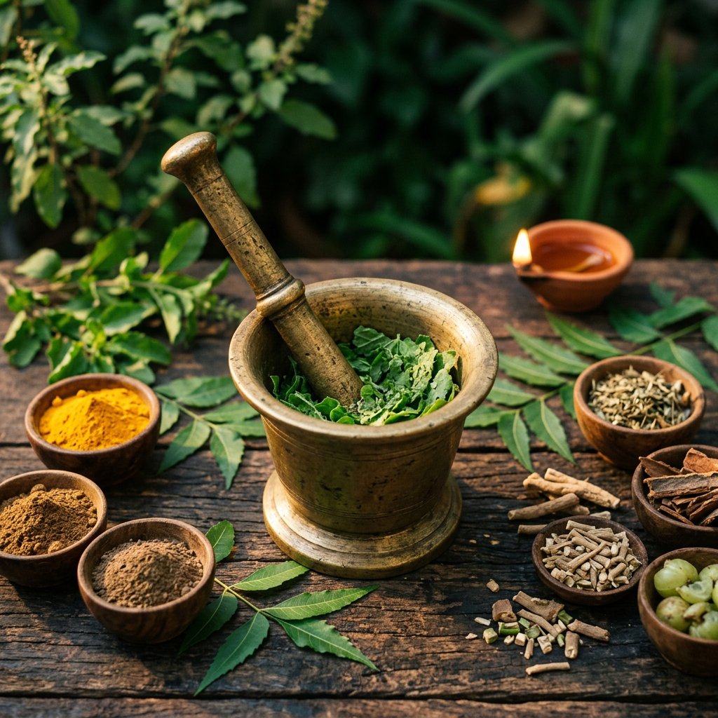 Ayurveda still-life – brass mortar-pestle with tulsi, bowls of turmeric and dried herbs